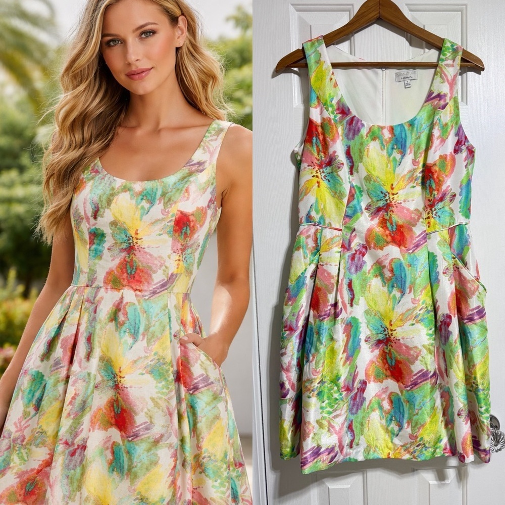 Robbie Bee multicolor floral watercolor spring Easter summer taffeta dress 8
